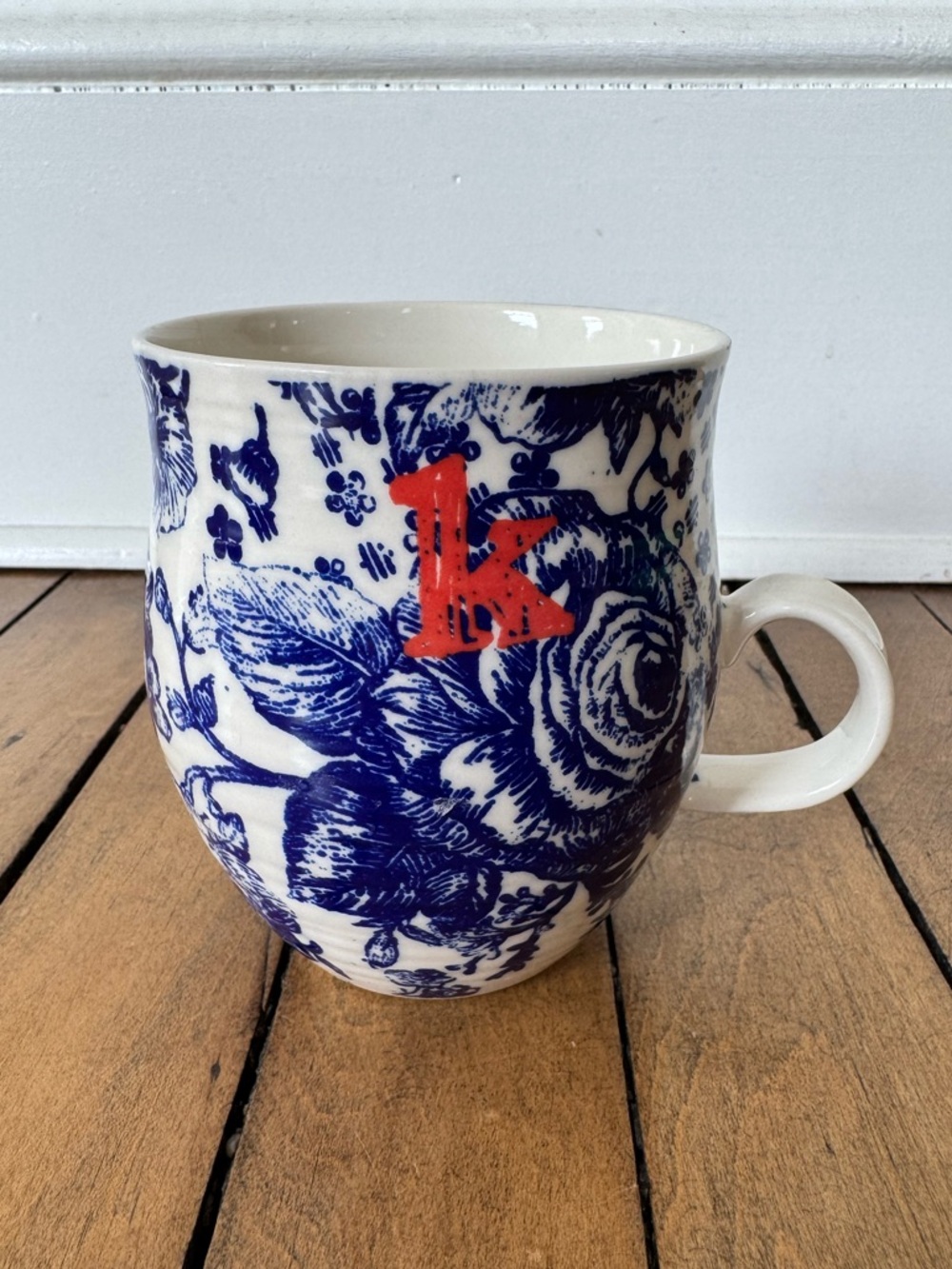 Anthropologie Homegrown Blue Floral Bird Print K Initial Monogram Letter Mug - Picture 2 of 5